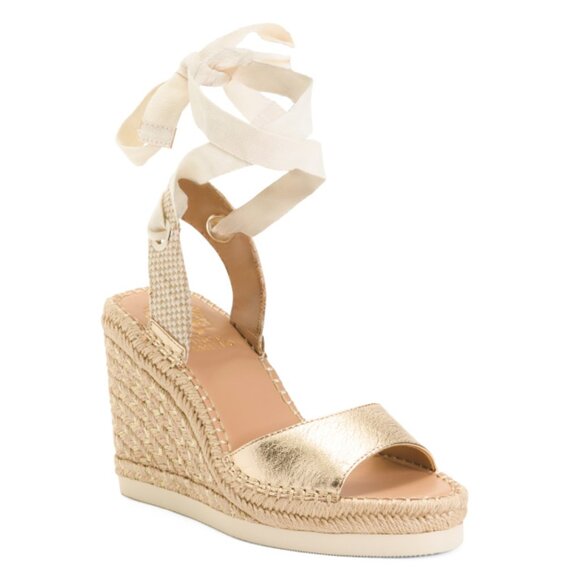 VINCE CAMUTO Gold Leather Bendsen Wedge Sandals - Picture 1 of 2